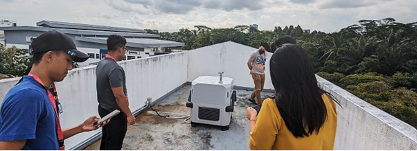 A group of people standing on a roof

Description automatically generated